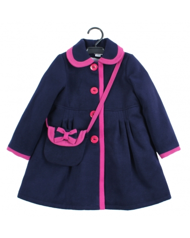 Flauszowy płaszcz dla dziewczynki z torebką i różowymi obszyciami