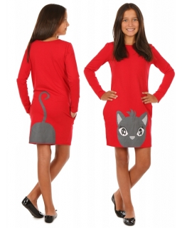 Sukienka tuba z modnym kotem 116-158 KRP166 czerwona