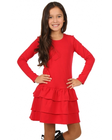 Czerwona sukienka dla dziewczynki z długim rękawem i falbankami