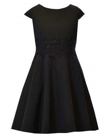 Elegancka sukienka z gipiurą w pasie 134-164 Barbi czarna