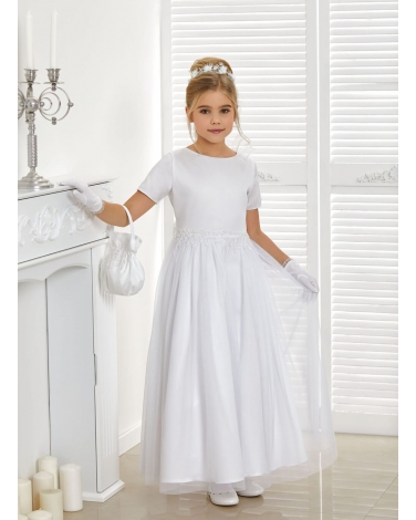 Strojna długa suknia dla drużki 134-152 Deliah biel