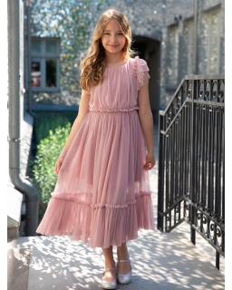 Długa tiulowa sukienka z brokatem 140-164 3W-03B róż